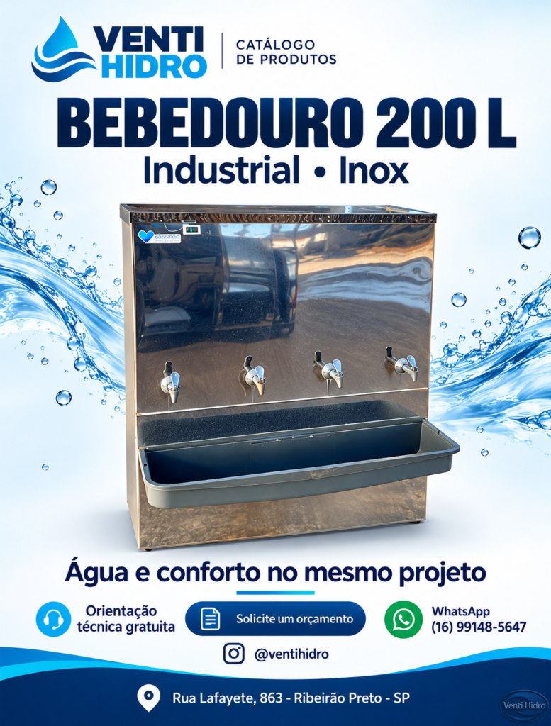 Bebedouro industrial Venti Hidro de 200 litros em inox com quatro torneiras, disponível para locação em Ribeirão Preto.