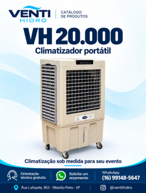 Catálogo Venti Hidro: climatizador portátil VH 20.000 sobre rodas para climatização de eventos.