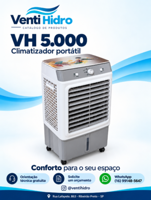 Catálogo Venti Hidro: climatizador portátil VH 5.000 branco e cinza sobre rodas.