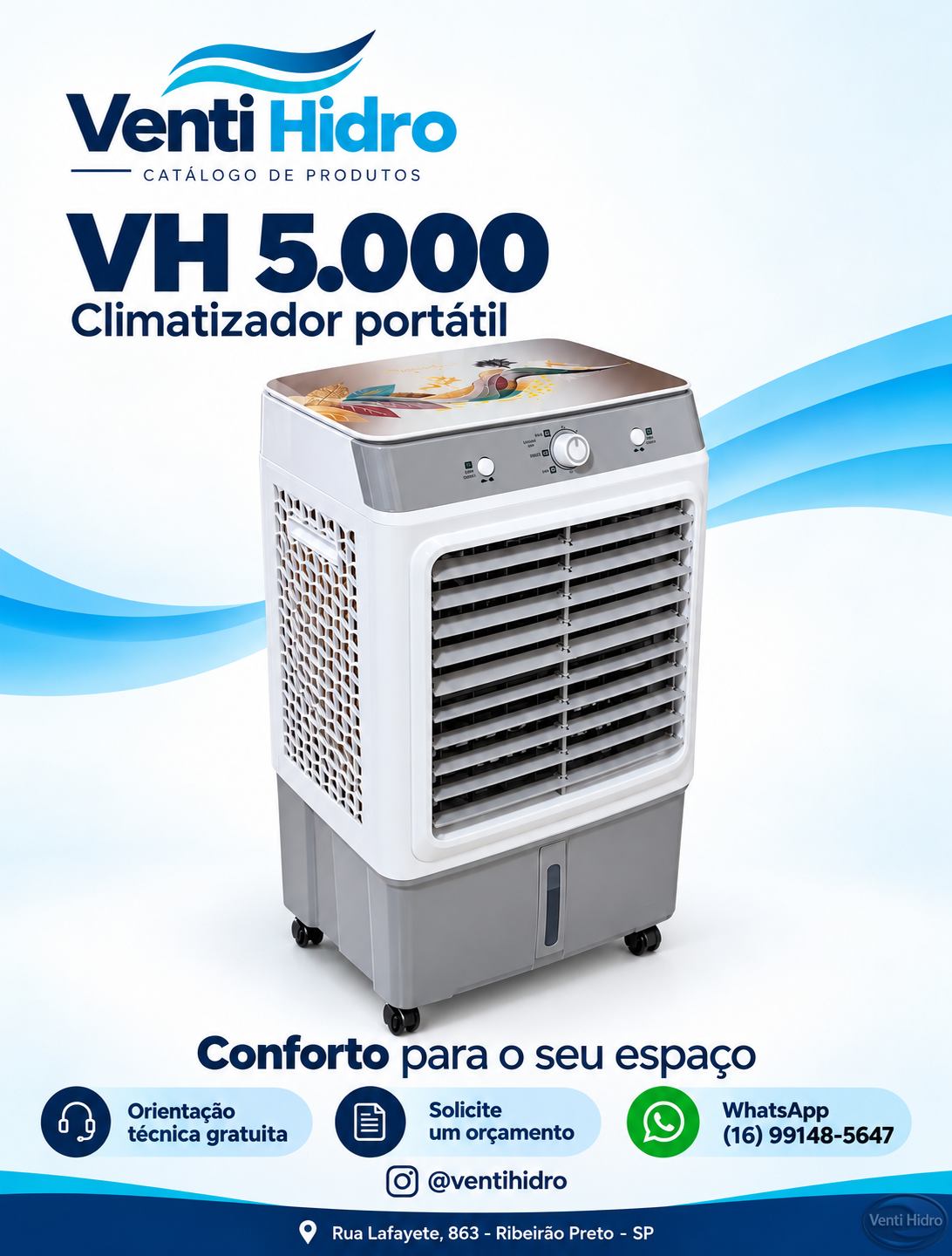 Catálogo Venti Hidro: climatizador portátil VH 5.000 branco e cinza sobre rodas.