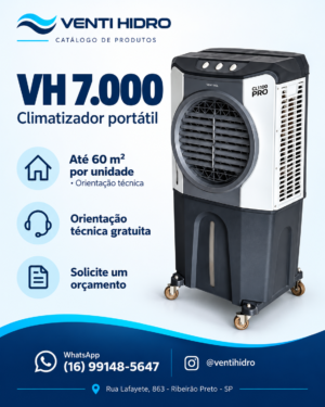 Catálogo Venti Hidro: climatizador portátil VH 7.000 sobre rodas, para até 60 m² por unidade com orientação técnica.