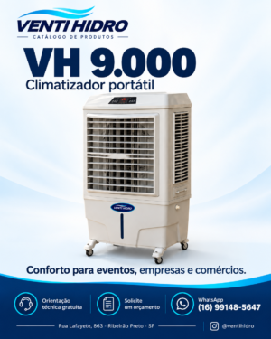 Catálogo Venti Hidro: climatizador portátil VH 9.000 branco sobre rodas para eventos, empresas e comércios.